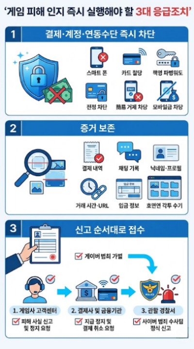 게임 피해를 인지한 직후 실행해야 할 3대 응급조치를 설명한 인포그래픽